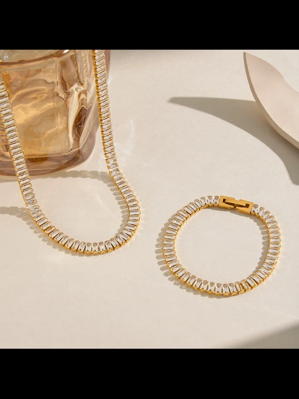 Gold-Plated Clear Crystal Tennis Necklace and Bracelet Set